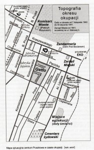 Mapa na której widoczny jest teren getta. Źródło: M. Skwara "Pruszkowscy Żydzi"